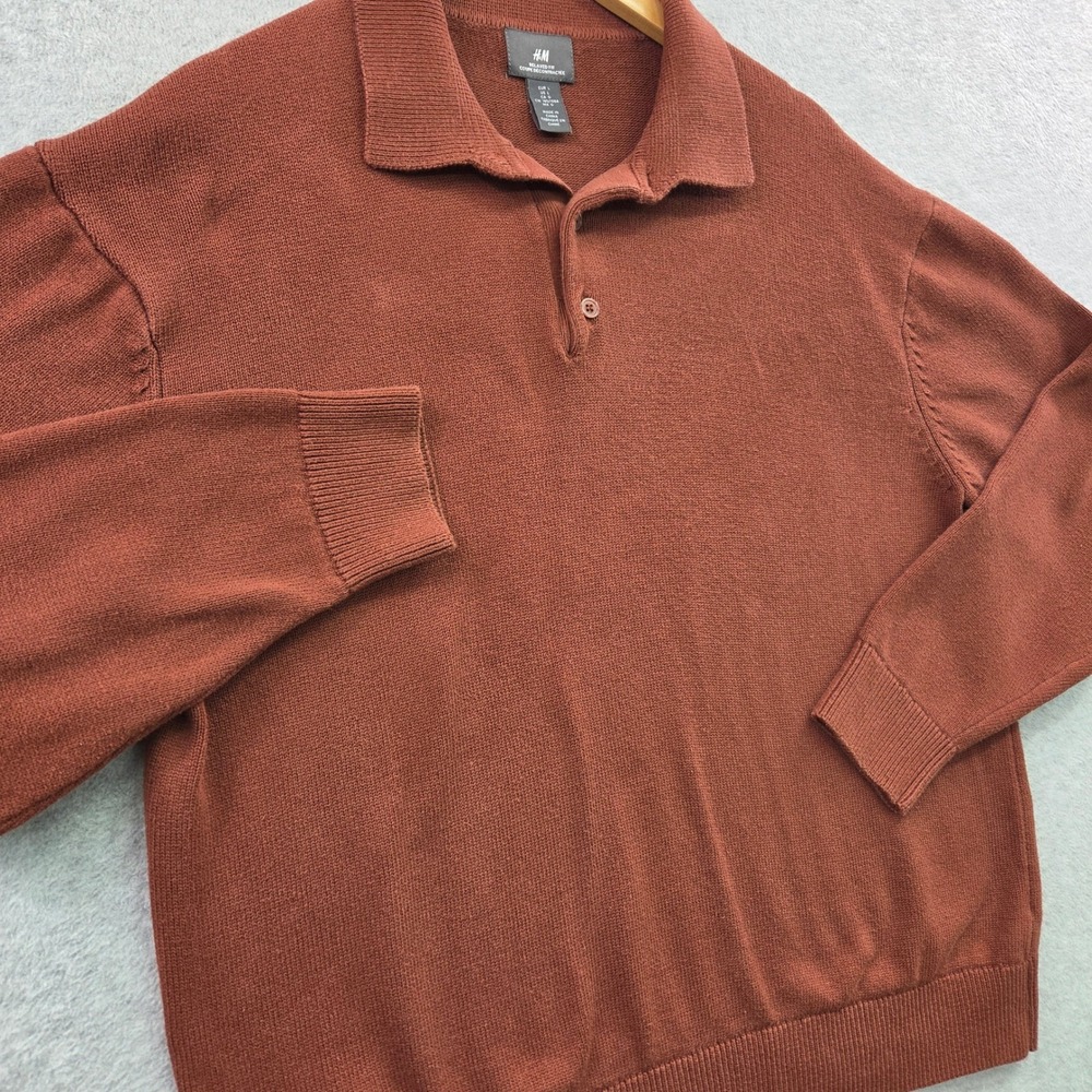 H&M Quiet Luxury 100% Cotton Fine-Knit Polo Sweater Men L Relaxed Fit Rust Brown